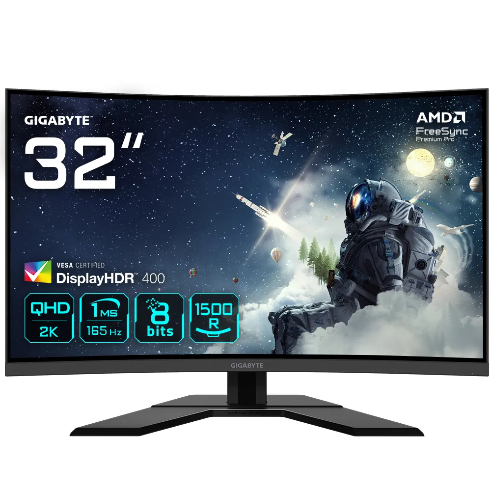 GIGABYTE G32QC A 31.5" Monitor da Gioco Curvo QHD - 2560 x 1440, 1500R, 165Hz, 1ms, 350 cd/m², FreeSync Premium Pro, Display HDR400, HDMI 2.0, Displayport 1.2